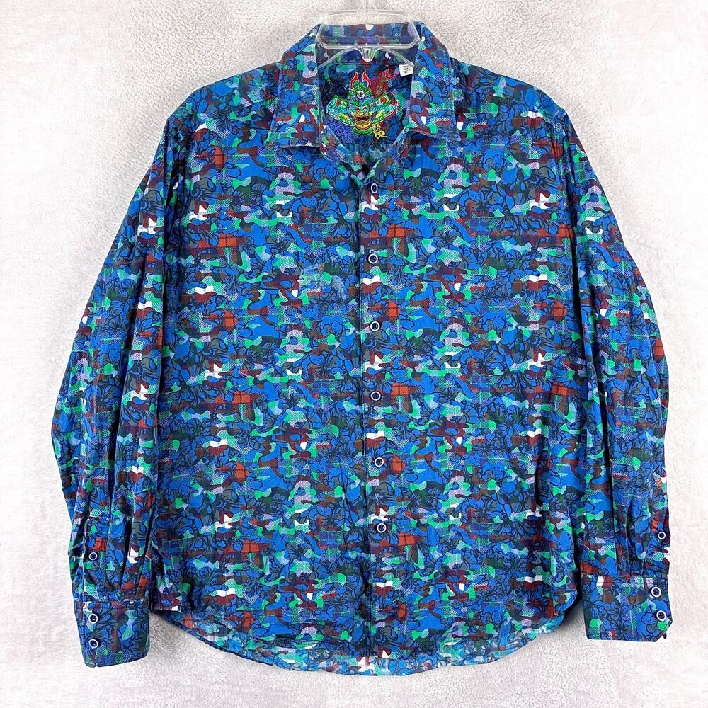 Robert Graham Shirt Men XL Blue Floral Camo Abstract Classic Going Out Rock Y2K